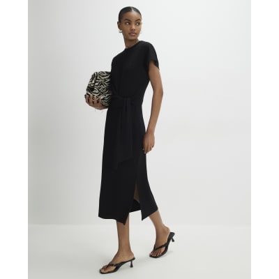 Black Premium Short Sleeve Knot Midi Dress