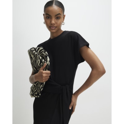 Black Premium Short Sleeve Knot Midi Dress