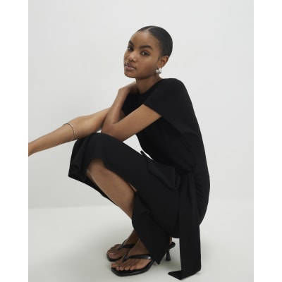 Black Premium Short Sleeve Knot Midi Dress