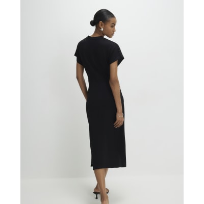 Black Premium Short Sleeve Knot Midi Dress