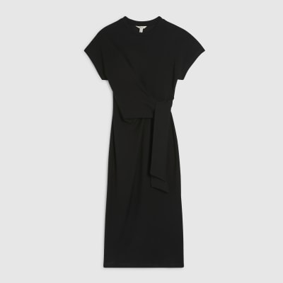 Black Premium Short Sleeve Knot Midi Dress