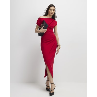 Red Stretch Draped Midi Dress