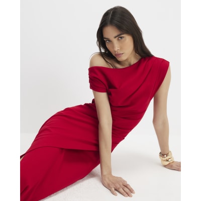 Red Stretch Draped Midi Dress