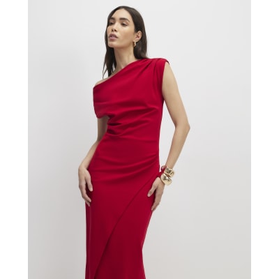 Red Stretch Draped Midi Dress