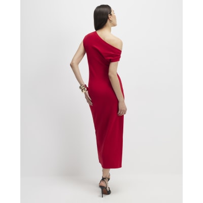Red Stretch Draped Midi Dress