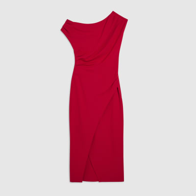 Red Stretch Draped Midi Dress