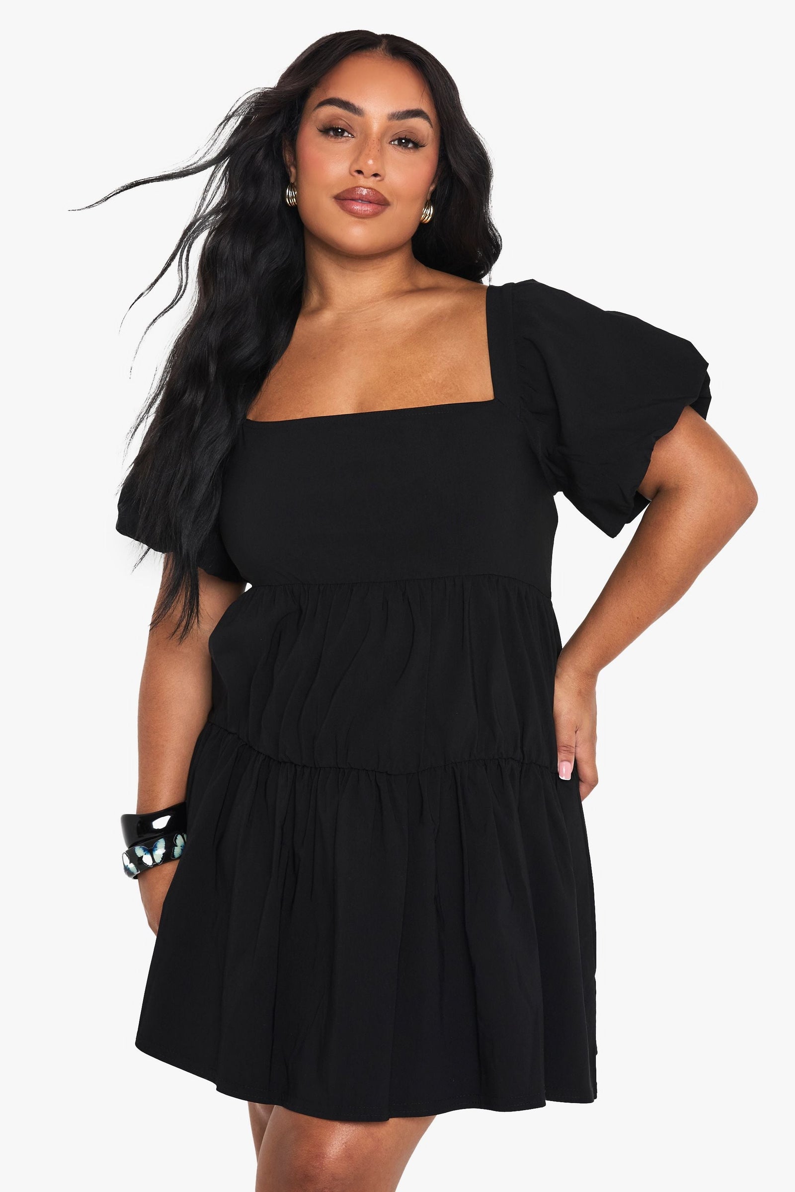 Plus Extreme Puff Sleeve Tiered Smock Dress