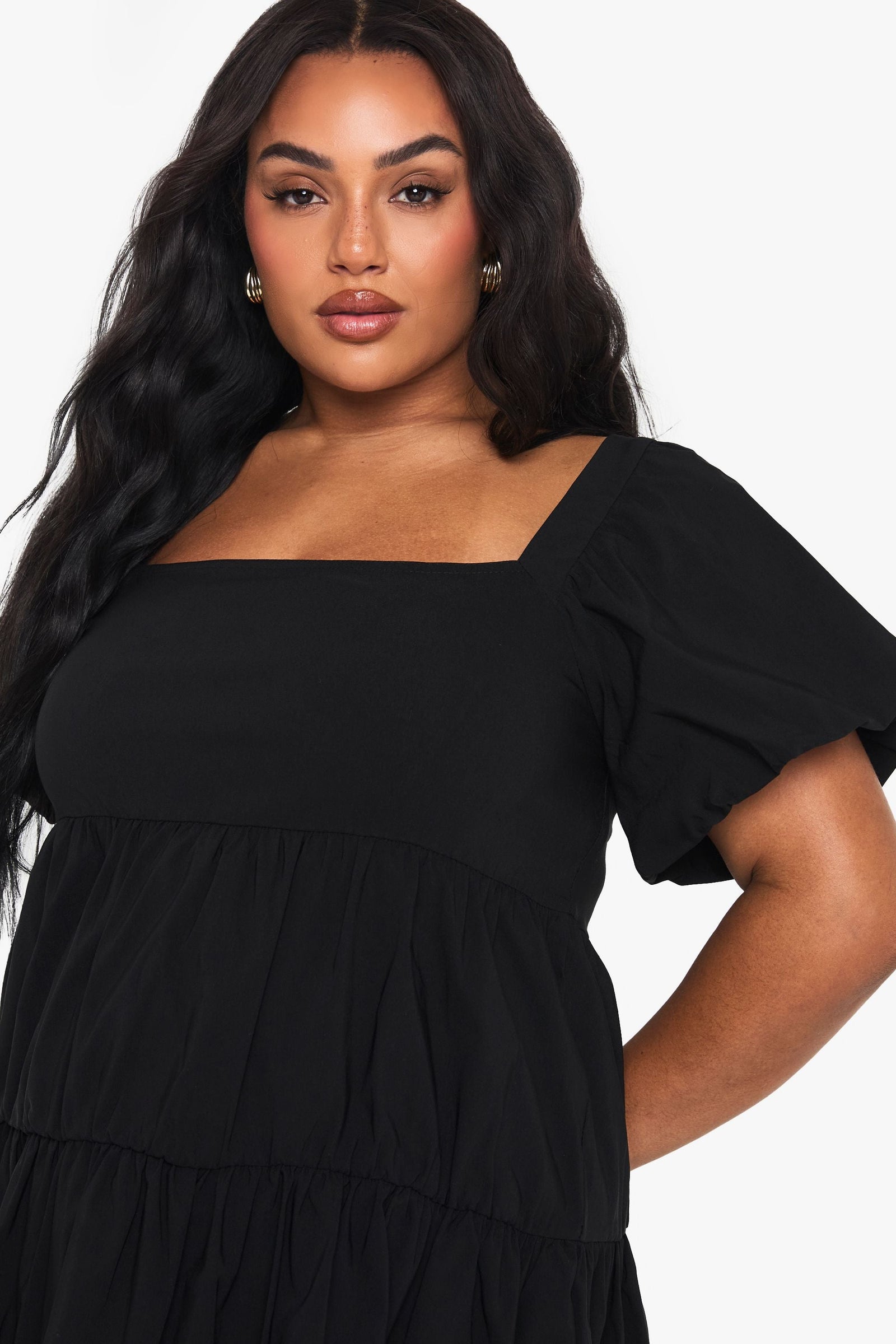 Plus Extreme Puff Sleeve Tiered Smock Dress