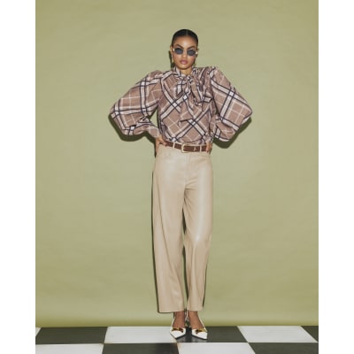 Brown Check Print Pussybow Blouse