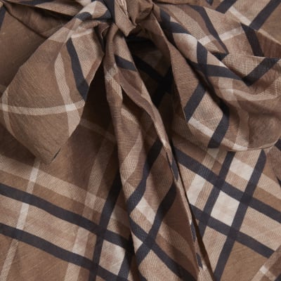 Brown Check Print Pussybow Blouse