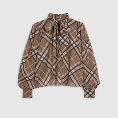 Brown Check Print Pussybow Blouse