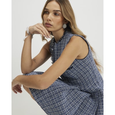 Blue Sleeveless Boucle Pleated Hem Mini Dress