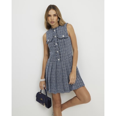 Blue Sleeveless Boucle Pleated Hem Mini Dress
