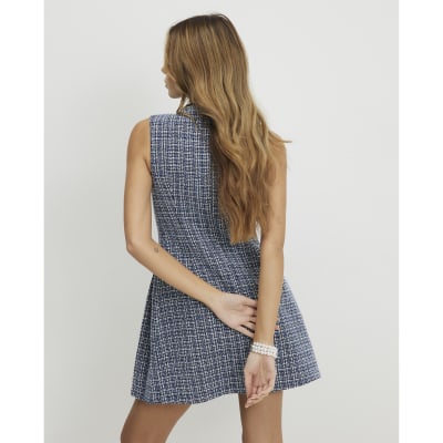 Blue Sleeveless Boucle Pleated Hem Mini Dress