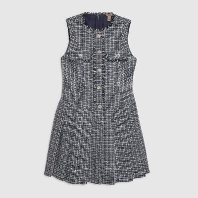 Blue Sleeveless Boucle Pleated Hem Mini Dress
