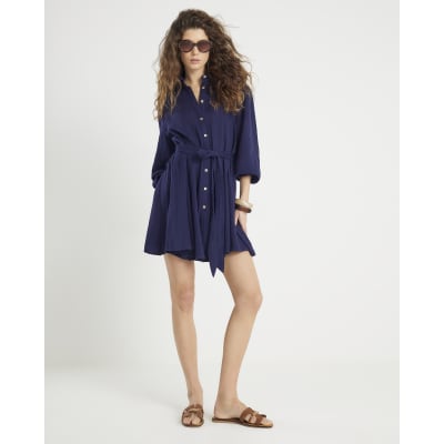 Navy Mini Belted Shirt Dress