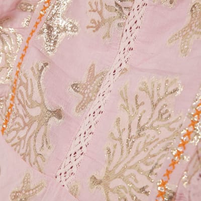 Pink Metallic Coral Print Ruffle Blouse