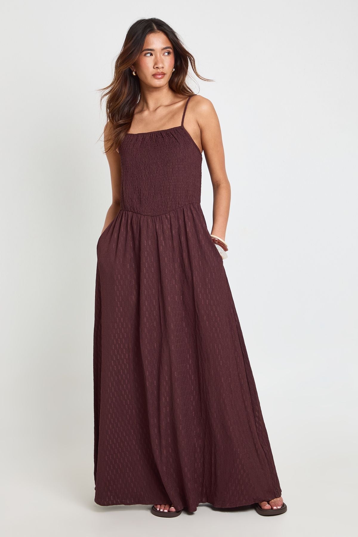 Textured Square Neck Shirred Bodice Maxi Dress