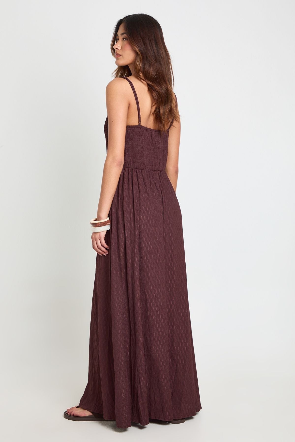 Textured Square Neck Shirred Bodice Maxi Dress