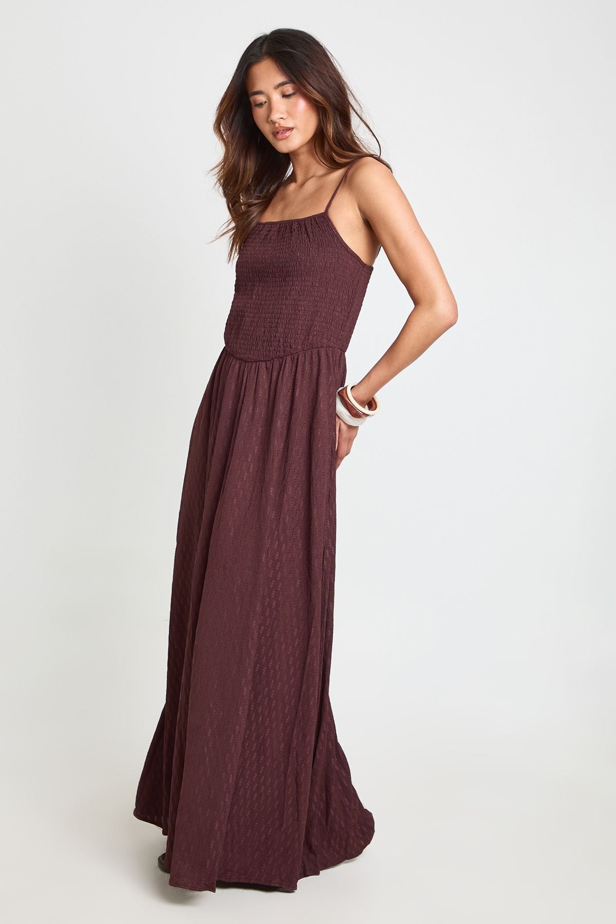 Textured Square Neck Shirred Bodice Maxi Dress