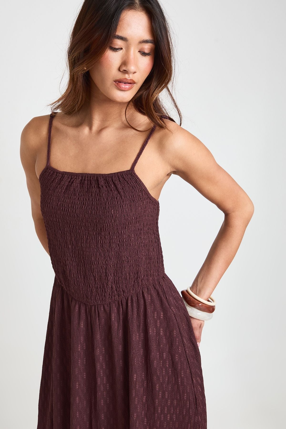 Textured Square Neck Shirred Bodice Maxi Dress