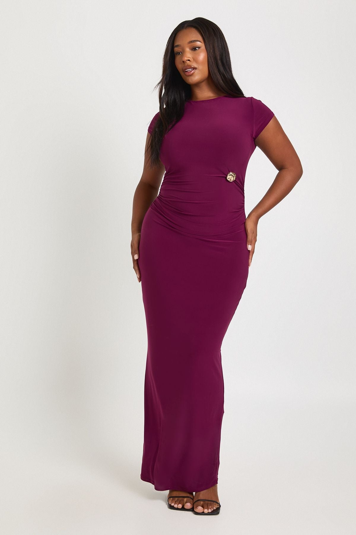 Plus Ruched Waist Trim Detail Long Sleeve Maxi Dress