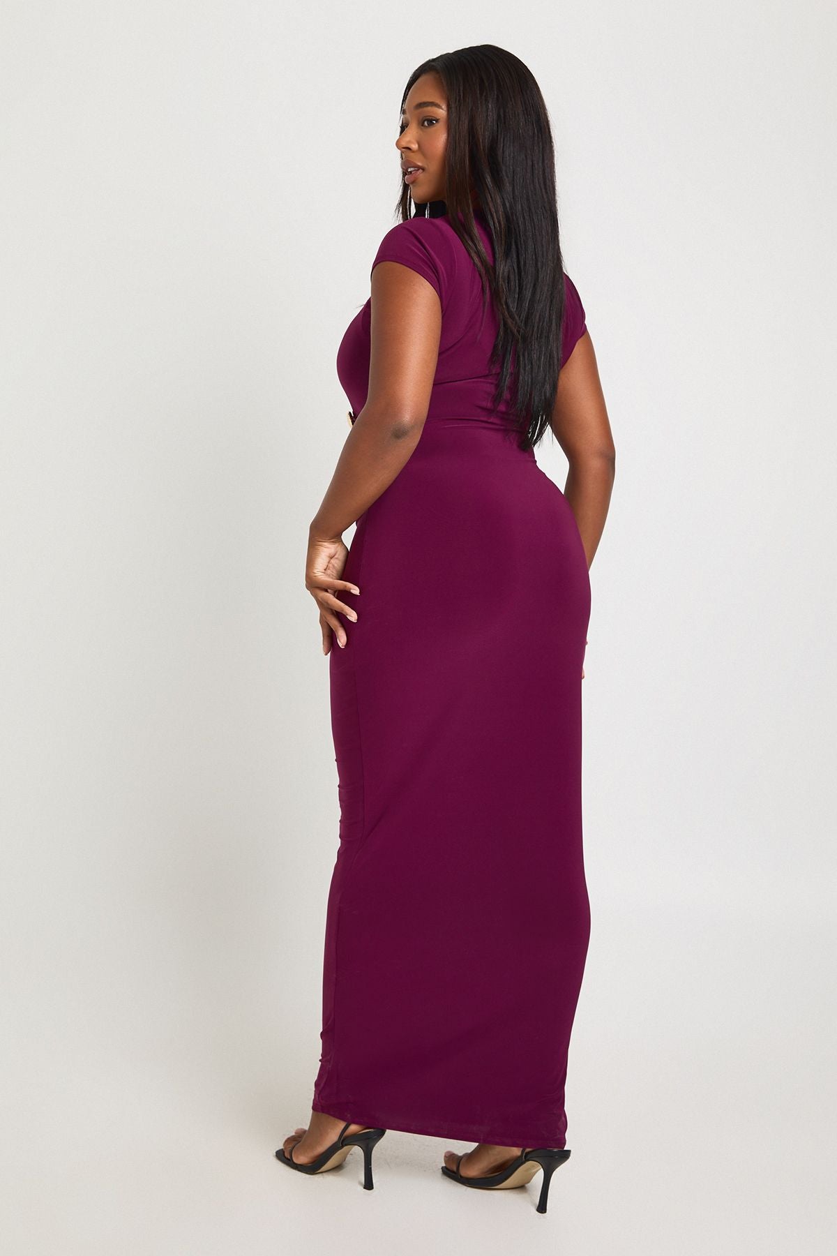 Plus Ruched Waist Trim Detail Long Sleeve Maxi Dress