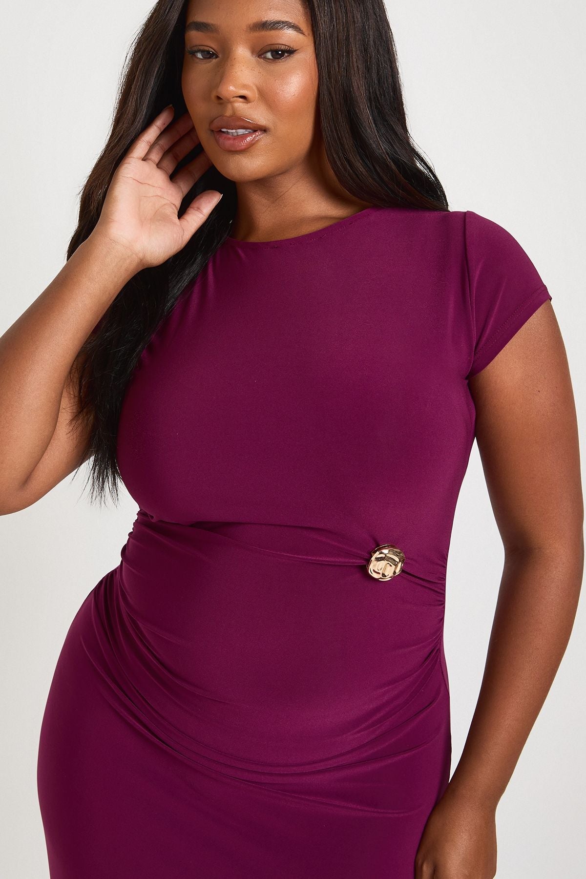 Plus Ruched Waist Trim Detail Long Sleeve Maxi Dress