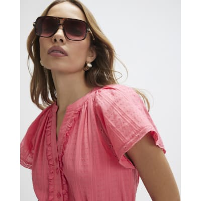 Pink V Neck Short Sleeve Frill Mini Dress