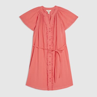 Pink V Neck Short Sleeve Frill Mini Dress