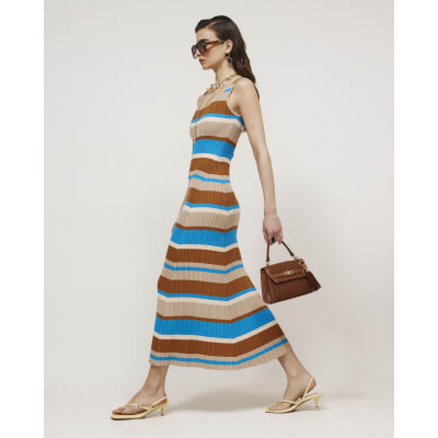 Brown Knitted Striped Maxi Dress