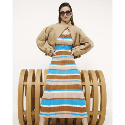 Brown Knitted Striped Maxi Dress