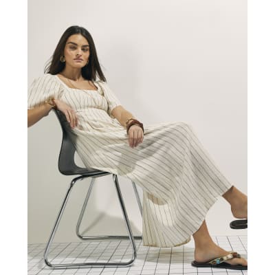Beige Stripe Linen Blend Shirred Midi Dress