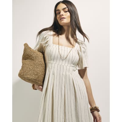 Beige Stripe Linen Blend Shirred Midi Dress