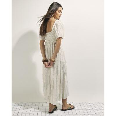 Beige Stripe Linen Blend Shirred Midi Dress