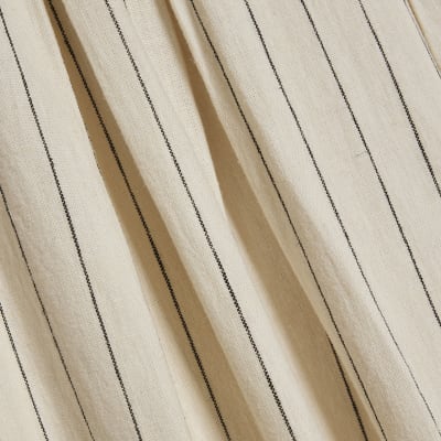 Beige Stripe Linen Blend Shirred Midi Dress