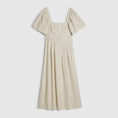 Beige Stripe Linen Blend Shirred Midi Dress