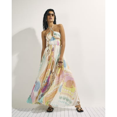 Orange Halter Neck Pleated Maxi Dress