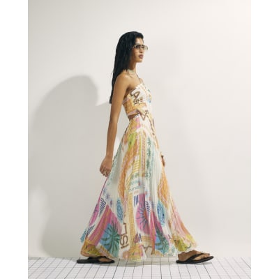 Orange Halter Neck Pleated Maxi Dress