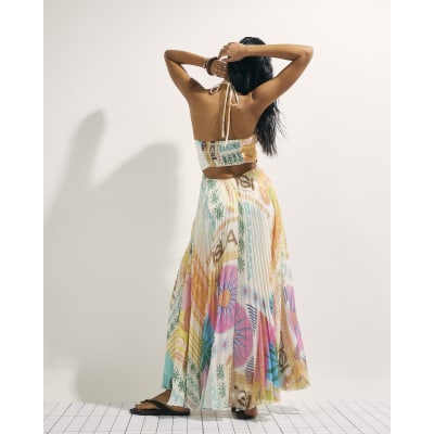 Orange Halter Neck Pleated Maxi Dress