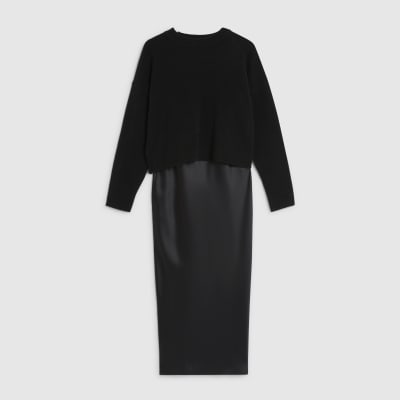 Black Hybrid Satin Jumper Maxi Dress