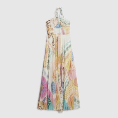Orange Halter Neck Pleated Maxi Dress