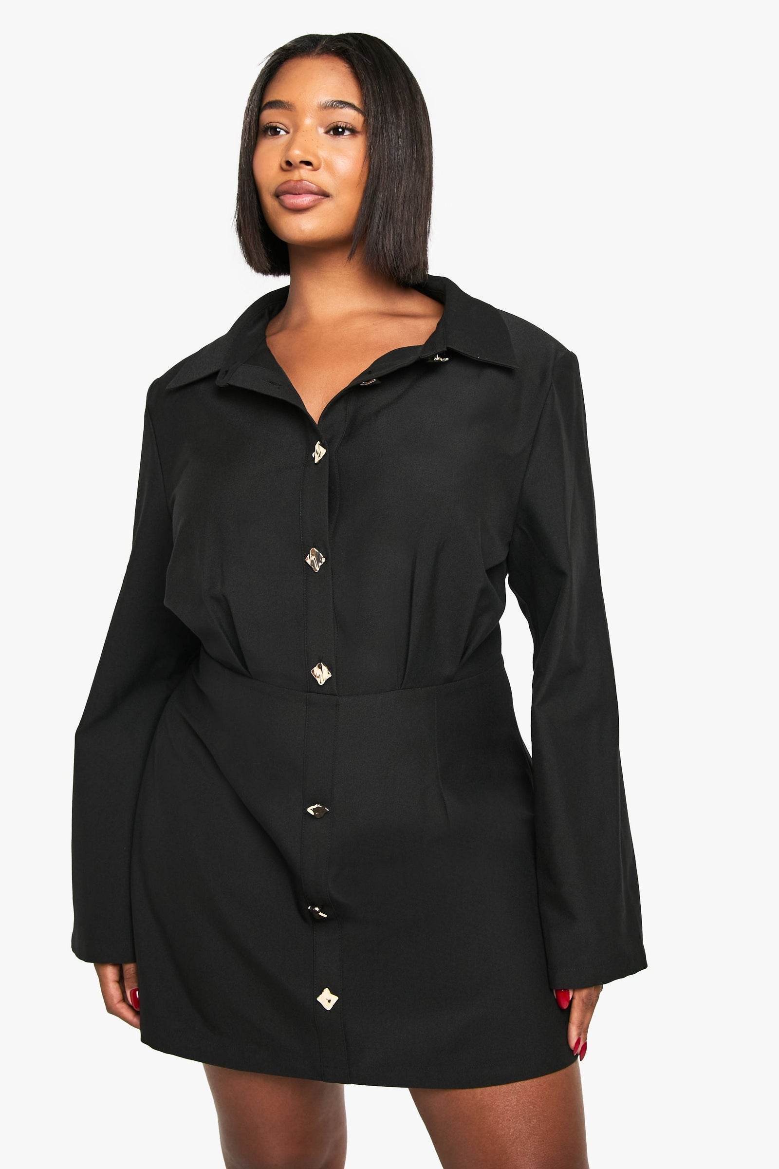 Plus Gold Button Shift Shirt Dress