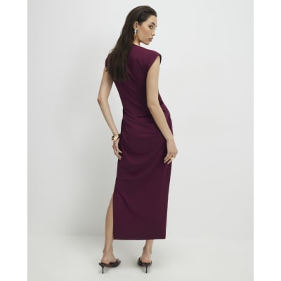 Red Sleeveless Ruched Midi Dress