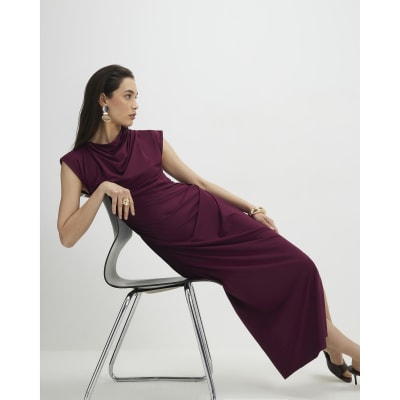 Red Sleeveless Ruched Midi Dress