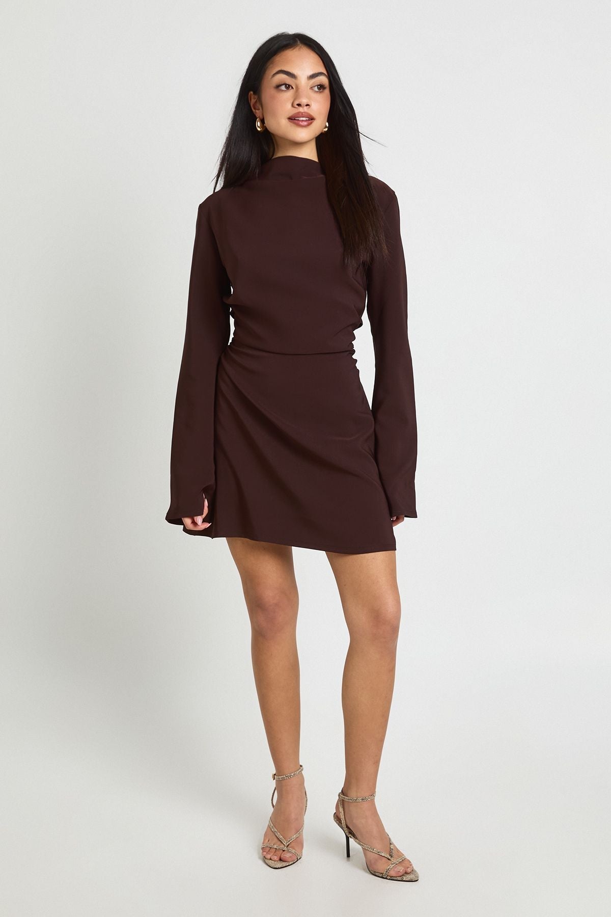 Long Sleeve Ruched High Neck Shift Dress