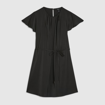 Black Short Sleeve Pleated Neck Mini Dress