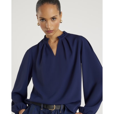 Navy Frill Trim Long Sleeve Top