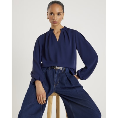 Navy Frill Trim Long Sleeve Top