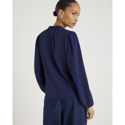 Navy Frill Trim Long Sleeve Top